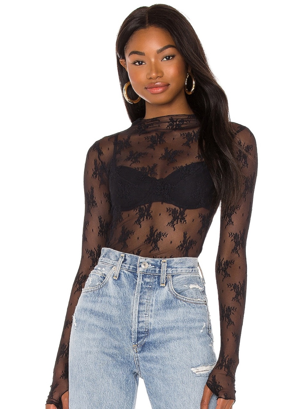 Free People Black Sheer Lace Long Sleeve Top